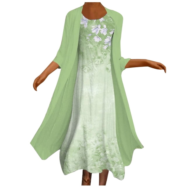 Vente de Liquidation Robe Deux Pièces Ample à Imprimé pour Femme Grande Taille, Manches 3/4, Col Rond, Jupe