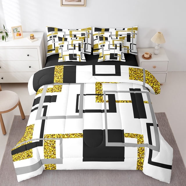 YST Ensemble de Douillette Moderne 7 Pcs pour Hommes Femmes, Or (Non Réel) Paillettes Lit en Sac Simple, Ensembles de Literie à Rayures Géométriques, Ensembles de Lit Réversibles Noir et Blanc avec Ensemble de Draps