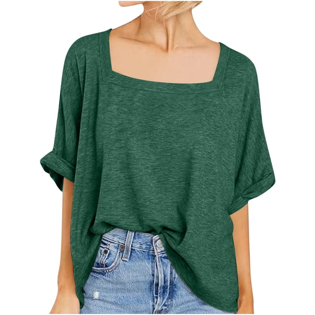 Timegard Womens Tops Square Neck Short Sleeve Comfy Casual Loose Top Basic T Shirt Oversized Blouse
