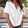 thumbnail image 2 of Floleo T-Shirt à Manches Courtes pour Femmes, Style Lin, Col en V, Boutons devant, Demi-Ouverture, Haut Vintage Classique, Respirant, Confortable, Extensible, Tissu Fin, Printemps Été Automne, Tenue Quotidienne (White#1,S), 2 of 8