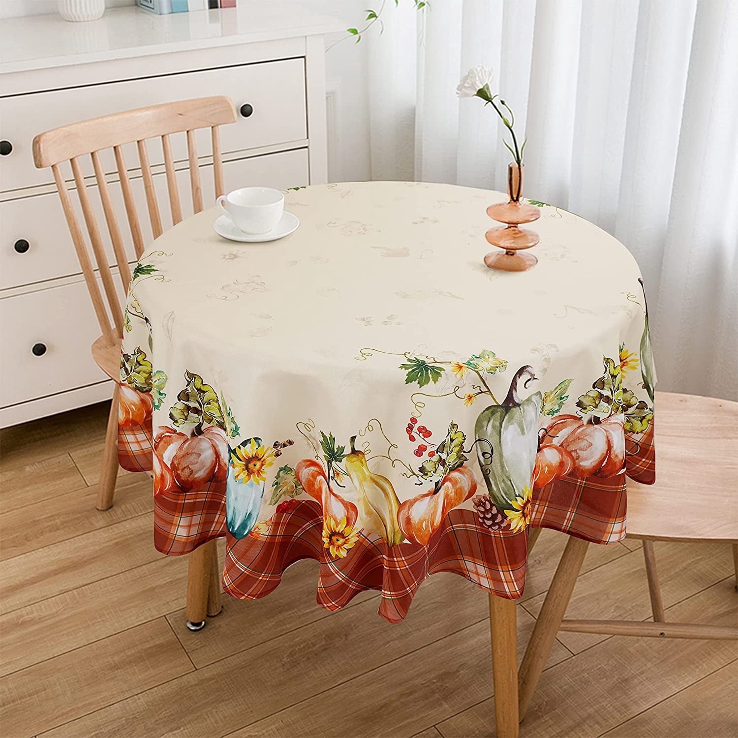 Fall Thanksgiving Tablecloth, Buffalo Plaid Thanksgiving Round Table Cloth 60 x 60 for Farmhouse Decor,Perfect for Kitchen Dinner, Restaurant ,Outdoor Holiday Picnic Table Cover