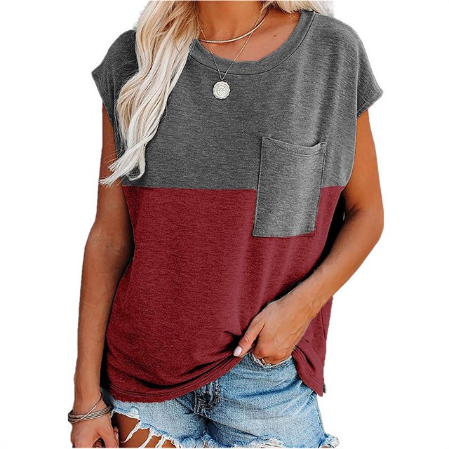 New Women's Casual Loose T Shirts Color Matching Design Pocket Decor Crewneck Short Sleeve Pullovers Top