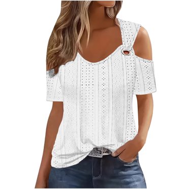Timegard Womens Plus Size Tops Eyelet V-Neck Short Sleeve Cold Shoulder Summer Dressy Casual Tunic Tops