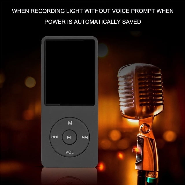 MP3/MP4 Player 64 GB Music Player with a 1.8-inch screen, shown in black with touch buttons and a circular control pad. The device features a built-in speaker, FM radio, and voice recording capabilities. It supports multiple audio formats like MP3, WMA, and FLAC, and includes a 450 mAh battery for extended use. The background includes a vintage microphone and a warm, blurred lighting effect.
