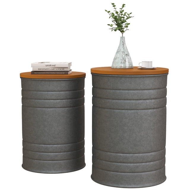 CoSoTower Round Side Table Set of 2, Nesting Coffee Tables w/ Wooden Lid, Galvanized Sheet Frame and Hidden Storage Space, Grey