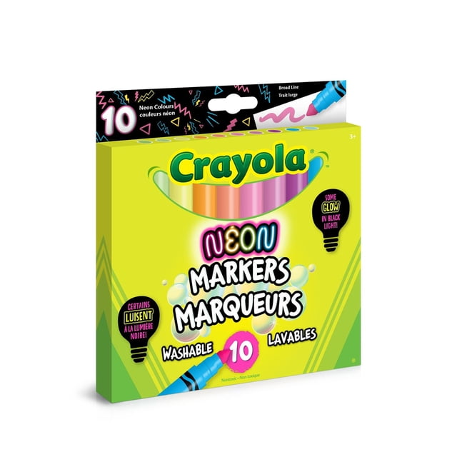 Crayola Neon Washable Markers, 10 Count pack of 3 neon and 7 fluorescent broad-line conical-tip markers — shades include Electric Lime, Atomic Tangerine, Shocking Pink, Laser Lemon and Purple Pizzazz. Washable from skin and most fabrics, nontoxic, ages 3+, suitable for classroom projects and for adding blacklight accents to posters.