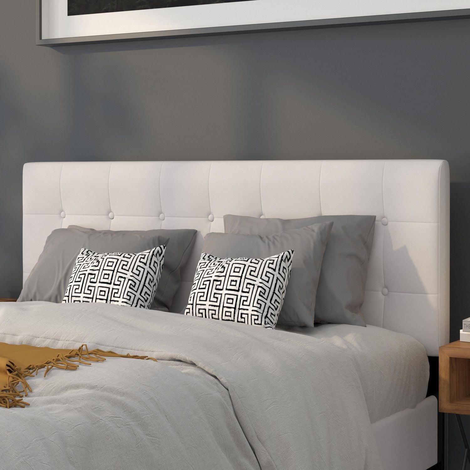 Lennox Tufted Upholstered Queen Size Headboard in White Vinyl