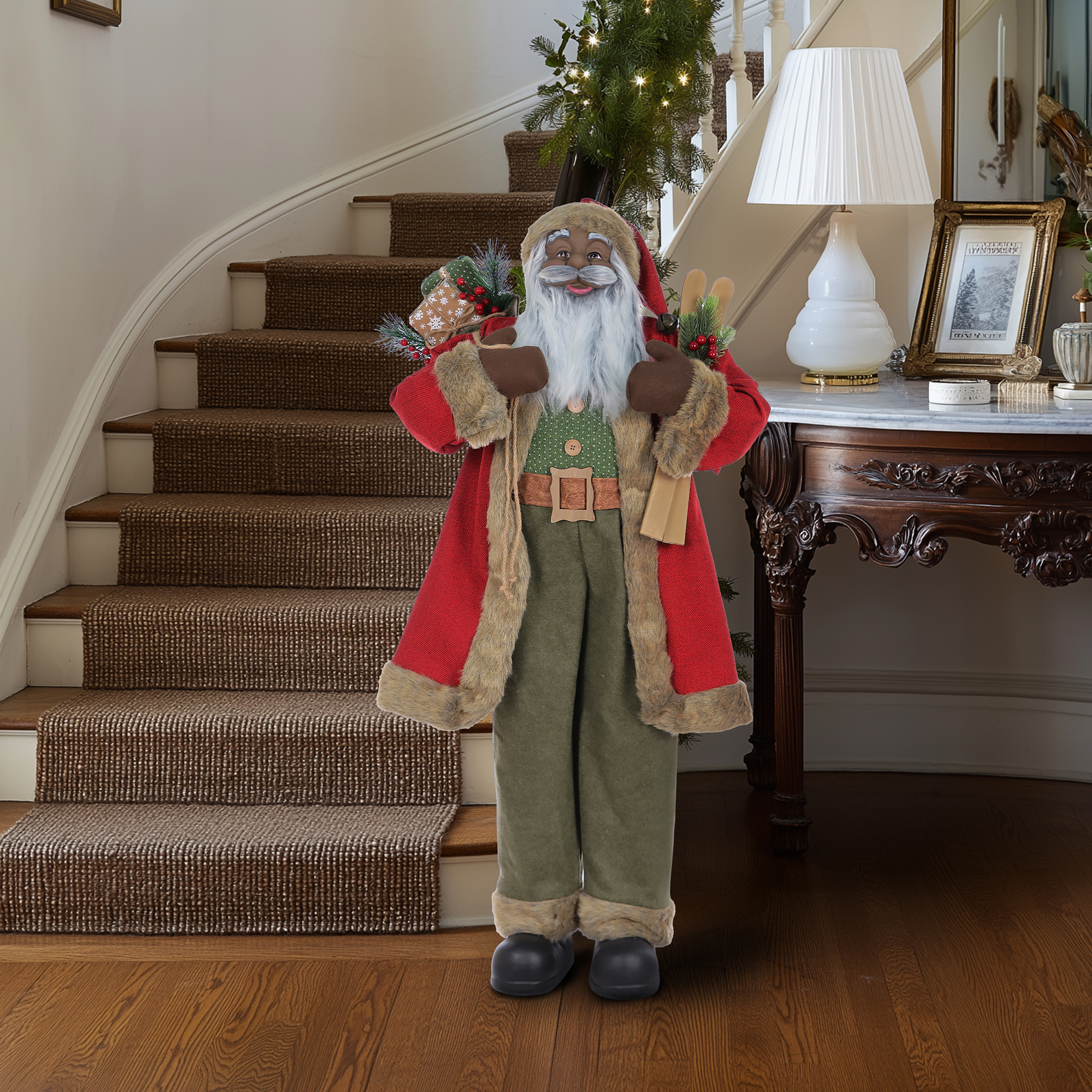 HOLIDAY TIME 48 Inch Standing Dark Skin Santa Figure, 65% PP 35% Polyester Christmas Indoor Decoration