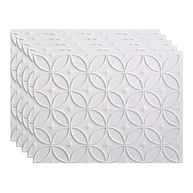 FASÄDE Rings Decorative Vinyl 18in x 24in Backsplash Panel in Matte White, shown in a pack of 5. Each panel features a circular ring pattern with a matte white finish, ideal for DIY renovations. Covers 15 sq ft and can be applied with adhesive to most surfaces. Suitable for kitchens, bathrooms, or accent walls.