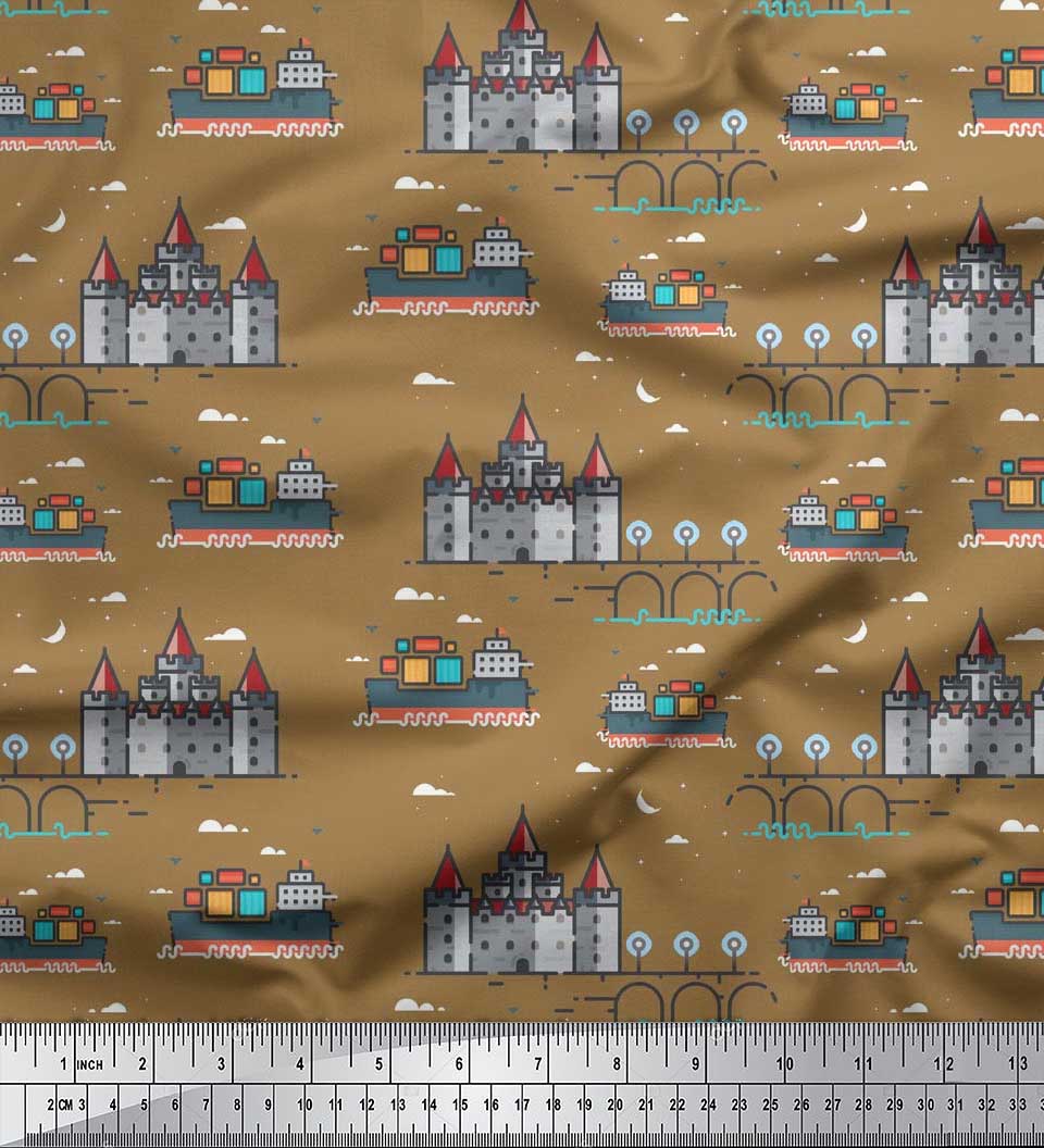 Soimoi Cotton Voile Fabric Ship,Castel & Bridge Architectural Print Sewing Fabric Yard 42 Inch Wide