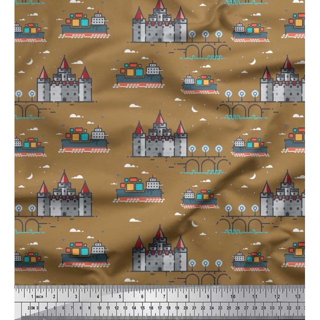 Soimoi polyester Crepe Fabric Ship,Castel & Bridge Architectural Printed Fabric 1 Yard 52 Inch Wide