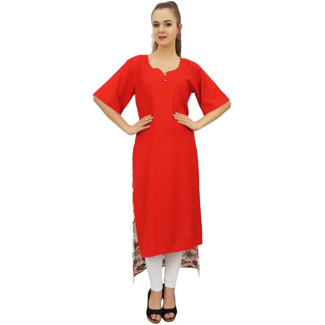 Bimba Women's Rayon Red Kurti Asymmetrical Hem Designer Kurta With Scarf - 26