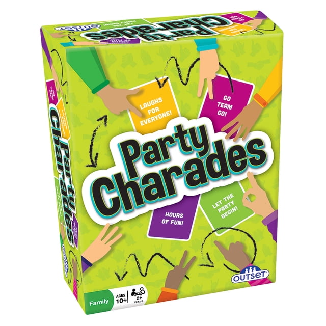 Outset Jeu de Cartes de Charades de Fête Média, Conçu pour 2+ Équipes et 10 Ans et Plus. la Boîte Présente un Fond Vert vibrant avec des illustrations de Mains Ludiques et des Bulles de Texte Qui Lisent « Rires pour Tout le Monde! » et « Go Team Go! » Comprend 110 Cartes avec 550 Charades, un Minuterie de Sable de 30 Secondes, un Bloc de Pointage, un Crayon et des instructions. Idéal pour les Soirées de Jeux en Famille, les Fêtes Ou les Rassemblements.