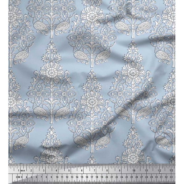 Soimoi Modal Satin Fabric Leaves & Floral Block Print Sewing Fabric Yard 42 Inch Wide