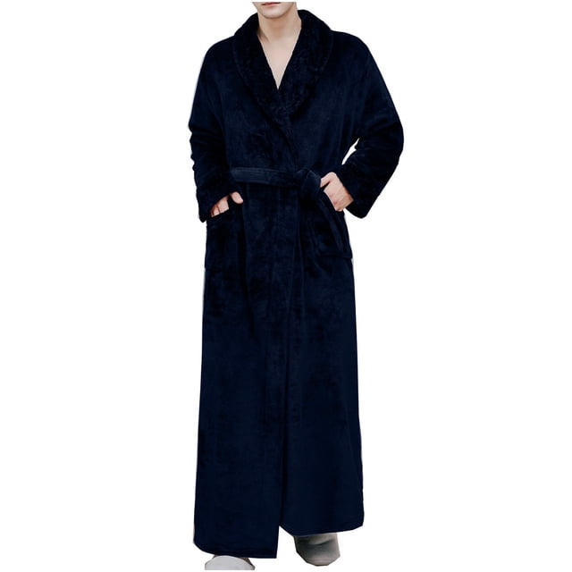 LSLJS Men Solid Color Fallow Cardigan Pocket Long Sleeve Nightclothes Bathrobe, designed for comfort and warmth with a full-length, solid dark color, V-neck, long sleeves, and belted waist. Made from soft, breathable fabric, it features two side pockets and is perfect for lounging, sleeping, or spa use. Ideal for colder seasons, this men's bathrobe also serves as a thoughtful gift for occasions like Christmas or anniversaries. Suitable for men's sleepwear and pajamas categories.