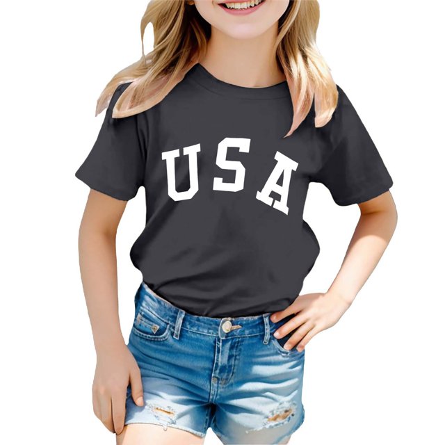 PMVFHDE Tee-Shirt Robe Tees & Blouses Hauts Filles Hauts d'Été Filles Tee-Shirt Tendance Garçon et Fille Mode Décontractée Imprimé Col Rond Manches Courtes T-Shirt Haut Noir, 9-10 Ans