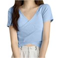 thumbnail image 1 of Timegard Crop Tops for Women V Neck Short Sleeve Irregularly Solid Color Casual Fitting Tee Fashion, 1 of 3