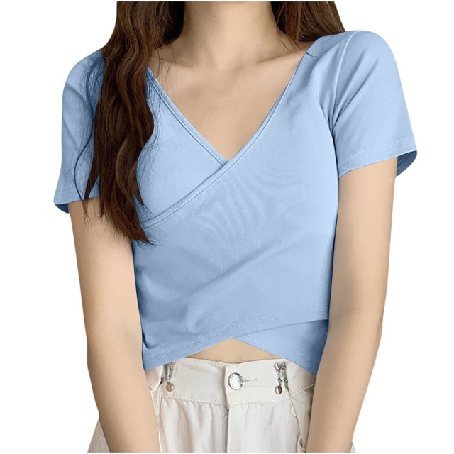 Timegard Crop Tops for Women V Neck Short Sleeve Irregularly Solid Color Casual Fitting Tee Fashion