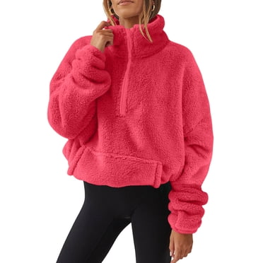 SROBPTY Womens Long Sleeve Shirts, Women Long Sleeve Oversized Half Zip Fleece Sweatshirt Soft Fleece Pullover Top with Pockets Red, XL