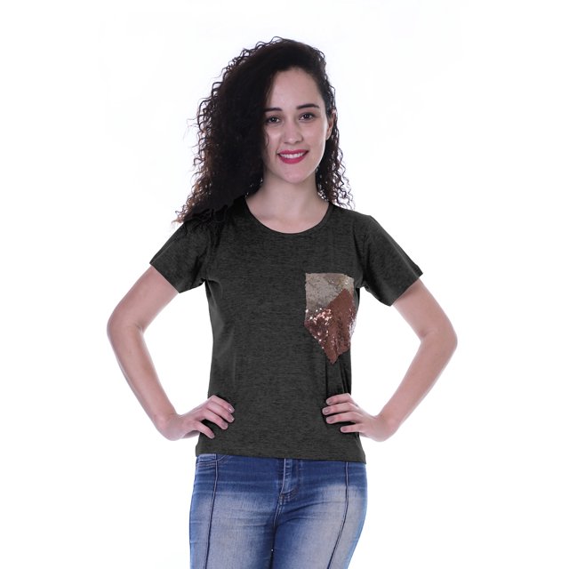 Moomaya T-shirt à Col Rond pour Femmes à Manches Courtes avec Poche Plaquée à Paillettes - YS