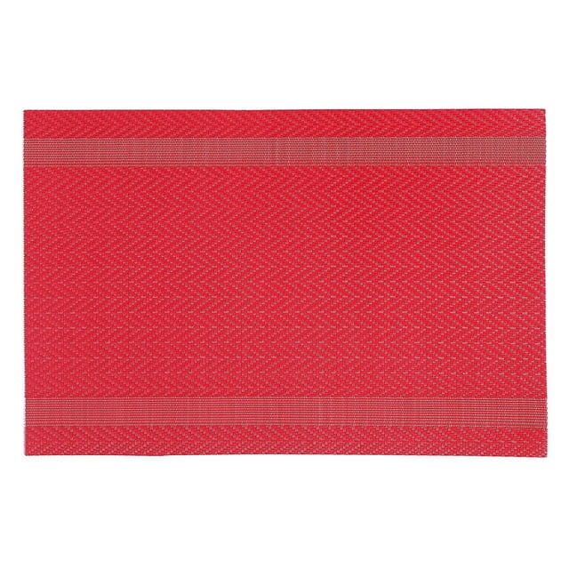Vinyl Placemat (Mackenzie) (Red) - Set of 12 rectangular red plastic placemats with a matte finish, featuring a zigzag pattern and two horizontal textured bands near the edges, suitable for protecting tabletops and easy spot cleaning in dining settings.