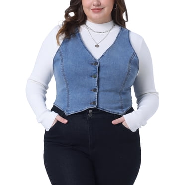 Agnes Orinda Women's Plus Size School College Denim Vest Sleeveless V Neck Button Down Casual Jean Waistcoat Jacket 2X Light Blue