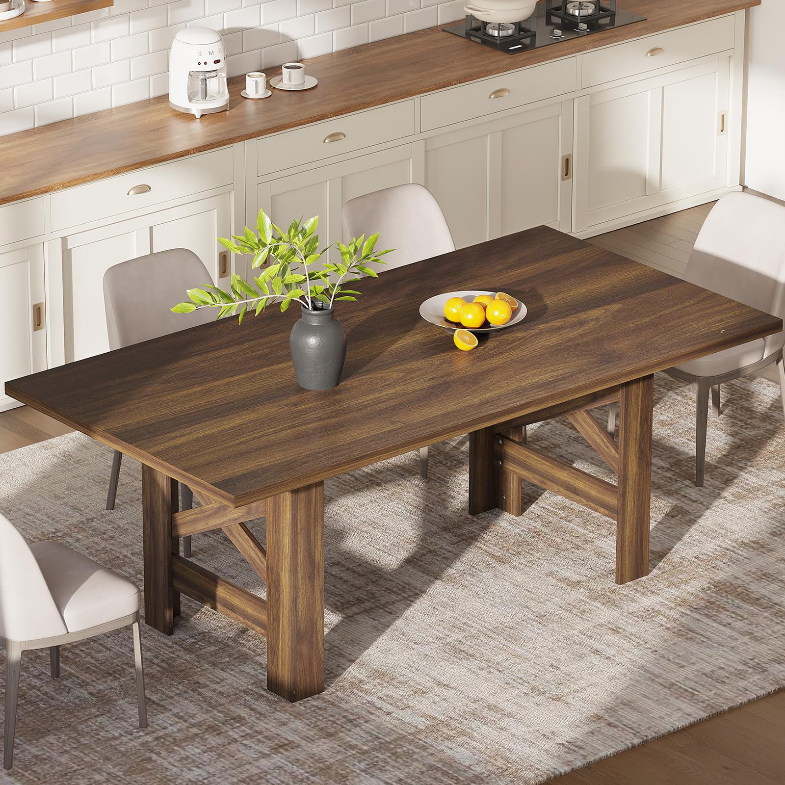 Barn Style Dining Table 71 Inch, Rectangular Wood Kitchen Table for 6-8 People, Farmhouse Large Dining Table with Walnut Finish for Dining Room, Kitchen, Living Room, Easy Assembly