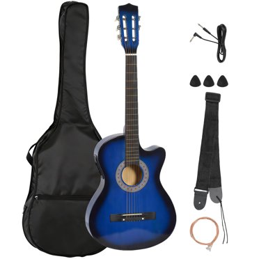 Soozier 38 Inch Full Size Classical Acoustic Electric Guitar Premium Gloss Finish with Strings, Picks, Shoulder Strap and Case Bag, Blue