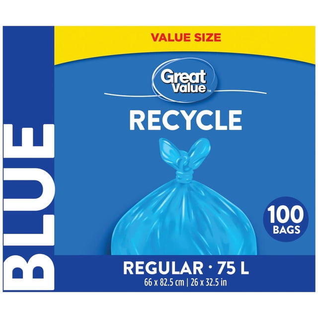 Great Value Sacs de Recyclage Bleus Réguliers Emballage Montrant un Sac de Recyclage en Plastique Bleu Noué sur un Fond Bleu avec Texte Blanc Indiquant 100 Sacs, Capacité de 75 L, et dimensions 66 x 82,5 cm (26 x 32,5 Po).