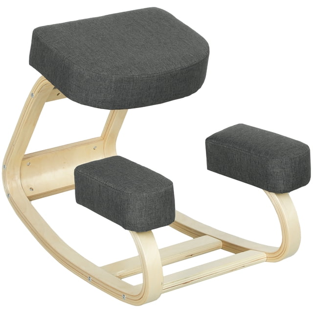 HOMCOM Chaise Ergonomique à Genoux avec Cadre en Bois de Bouleau Massif et Coussins en polyester Gris Foncé. la Chaise Présente une Fonction d'Inclinaison pour s'Asseoir Activement, un Coussin d'Assise Épais Mesurant 15,4 Pouces de Large et 11,8 Pouces de Profondeur, et des Patins à Genoux pour Améliorer la posture et Réduire la Pression sur la Colonne Vertébrale. Conçue pour le Bureau Ou la Maison, Elle Supporte jusqu'à 264 Lb et Nécessite un Assemblage.