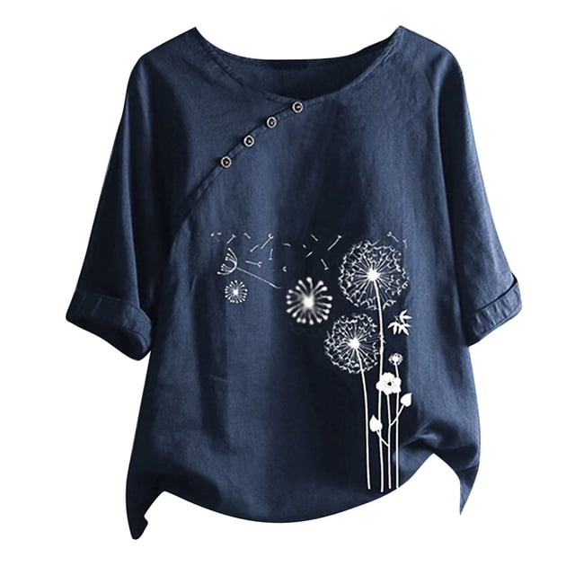 2025 Chemise à Col Rond à Manches Courtes à Boutons Chemises pour Femmes Imprimé Floral T-Shirts Courts Hauts Blouse à Manches Longues pour Femmes Décontractée Femmes Chemises de Compression pour Femmes à Manches Longues