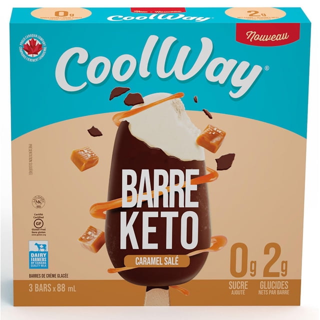 CoolWay Salted Caramel Keto Bar package with three 88ml chocolate-coated ice cream bars featuring salted caramel flavor, 0g sugar, 2g net carbs, gluten-free and kosher, made with Canadian quality milk, ideal for low-carb dessert enjoyment.