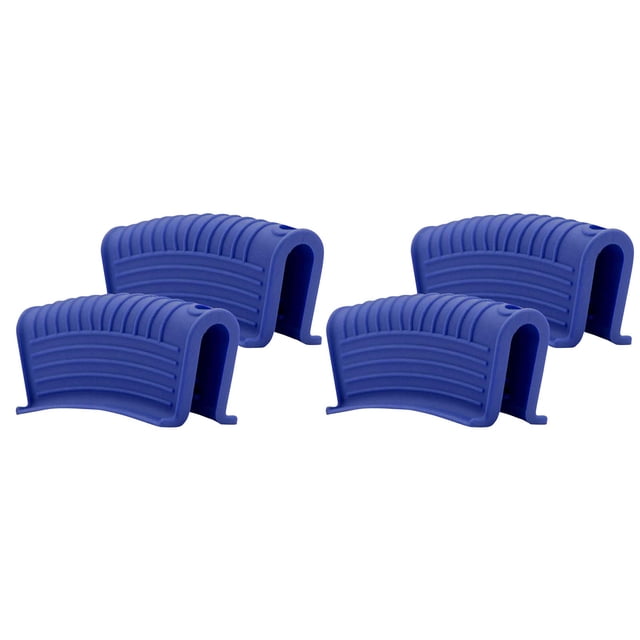Silicone Assist Hot Pan Handle Holder Hot Skillet Handle Covers Pot Clip in blue, featuring anti-slip texture and internal silicone ribbing for secure grip. Made of durable, flexible silicone, these ergonomic handle covers protect hands from temperatures ranging from -104ºF to 464ºF (-40°C to 240°C). The set includes two pairs of pan ear clips, suitable for various pot and pan handles. Dishwasher safe and easy to clean.