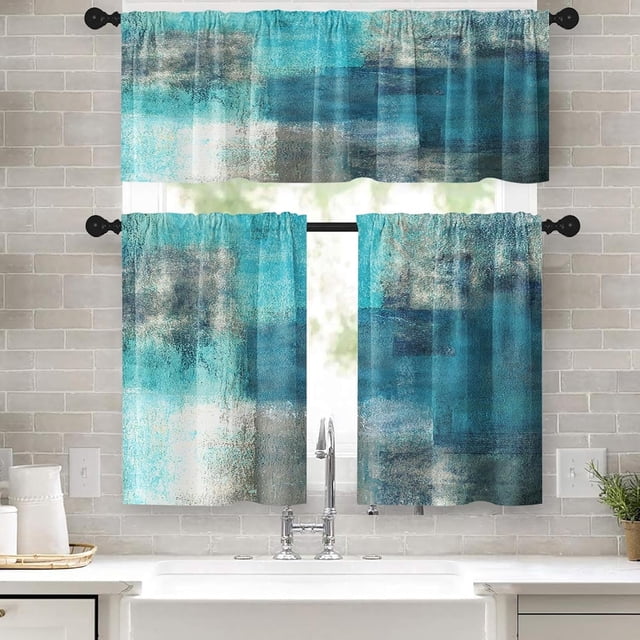 Turquoise Kitchen Curtains Teal Grey Window Curtains Valance and Tier Set, Modern Rod Pocket Short Tier Curtain, Abstract Art Small Cafe Curtains for Kitchen Decor 52" x 24"