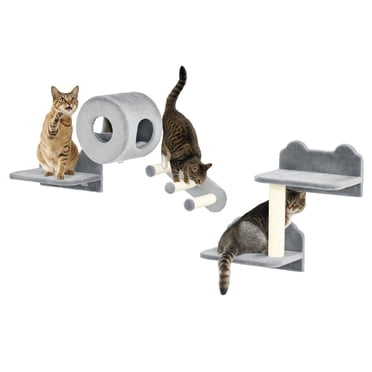 PawHut Cat Wall Shelf Furniture with Condo, Scratch Post, Grey