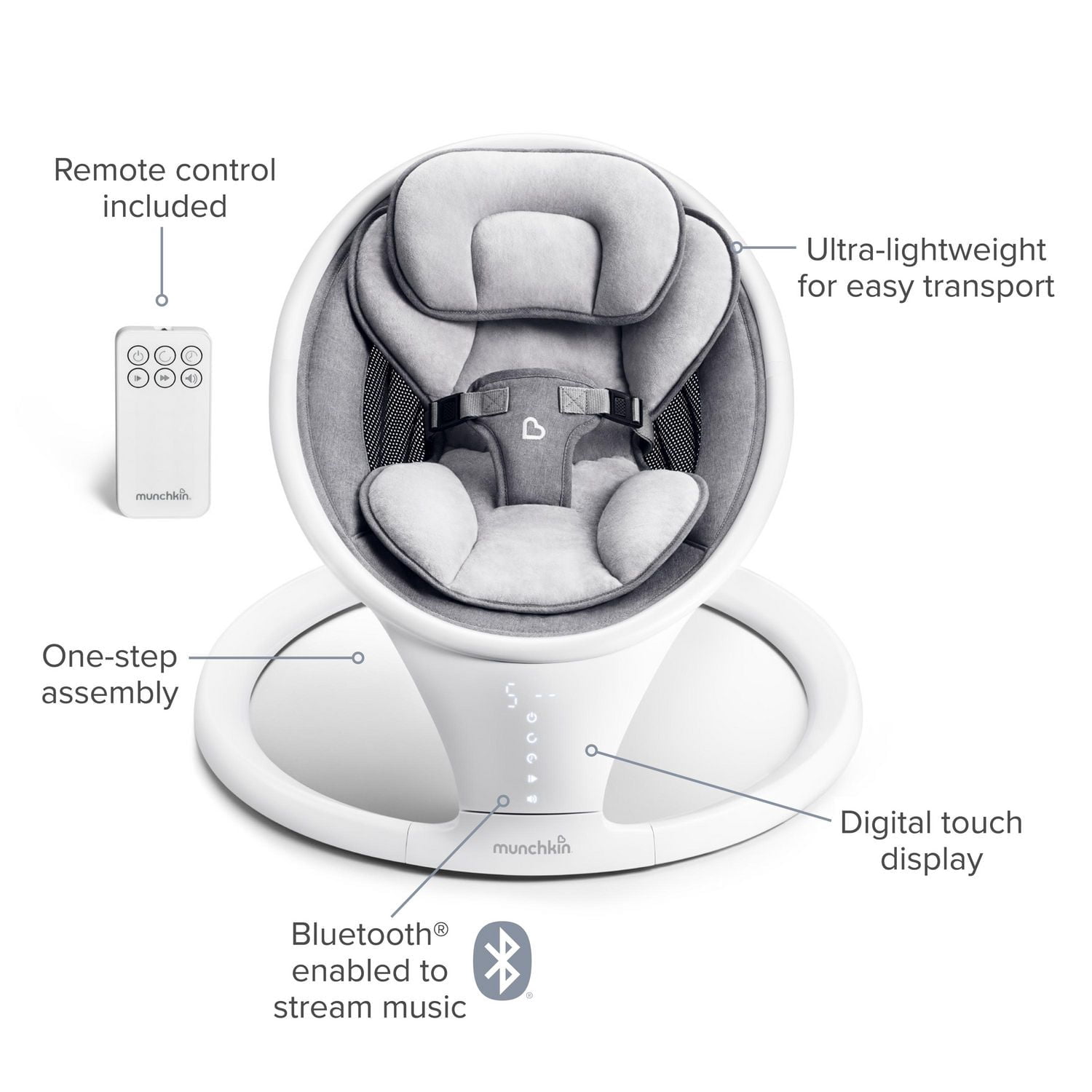 Munchkin Balançoire pour bébé légère compatible Bluetooth avec balancement naturel dans 5 gammes de mouvement, télécommande incluse