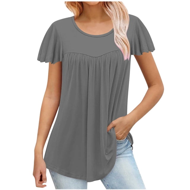 FAIWAD Tunique d'Été pour Femme à Manches Courtes, Col Rond, T-Shirt Décontracté Plissé, Ample et Fluide