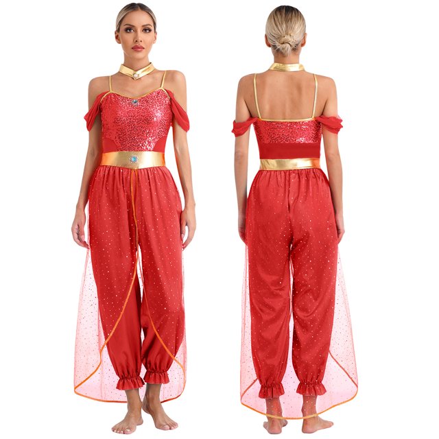 TiaoBug Womens Shiny Sequins Off Shoulder Jumpsuit with Choker Flowy Tassel Rompers One Piece Outfits Red M