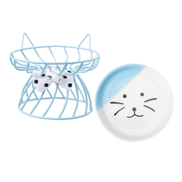 Cat owl with Metal Raised Stand Neck Protector Cat Bowl Dog Blue