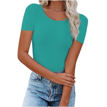 AherBiu Hauts pour Femmes Été Manches Courtes T-Shirts Basiques Col Rond Coupe Ajustée Hauts de Couleur Unie