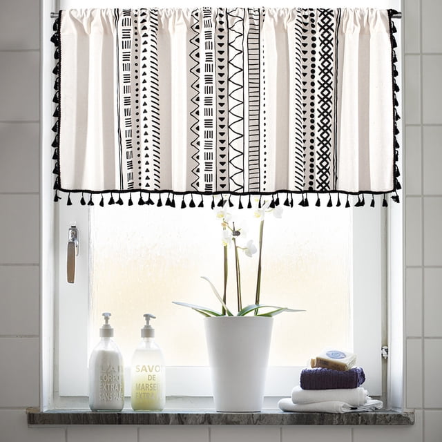 Valance Curtains for Kitchen - Window Light Blocking Short Rod Pocket Curtain Panels for Small Window Bathroom Basement. Black cotton and linen blend fabric with geometric patterns and tassel accents, measuring 59.05 inches wide by 17.71 inches high. Designed for small windows, featuring a 1.5-inch rod pocket for easy installation. Provides light blocking and thermal protection, ideal for kitchens, bathrooms, and basements.