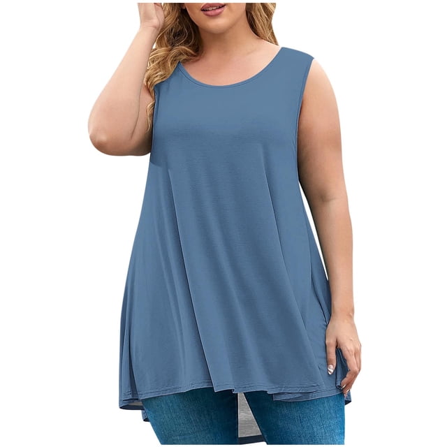 Timegard Plus Size Tank Tops for Women Round Neck Casual Workout Tops Solid Color Sports Shirts