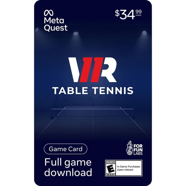 Eleven Table Tennis $34.99 Meta Quest Gift Card with a dark blue background featuring a red and white VR logo above 'TABLE TENNIS', a faint table tennis net and court lines, labeled as a game card for full game download, rated Everyone with in-game purchases. This virtual reality table tennis simulator delivers realistic gameplay and immersive training modes.