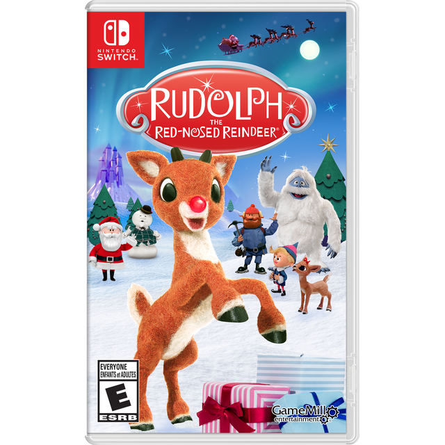 Rudolph the Red-Nosed Reindeer Nintendo Switch game cover featuring Rudolph with his glowing red nose in a snowy winter wonderland, surrounded by Santa Claus, a snowman, Yukon Cornelius, Hermey the elf, the Abominable Snow Monster, Christmas trees, and wrapped gifts, under a night sky with Santa’s sleigh flying past the moon, showcasing this festive holiday adventure game available as a Nintendo Switch download.