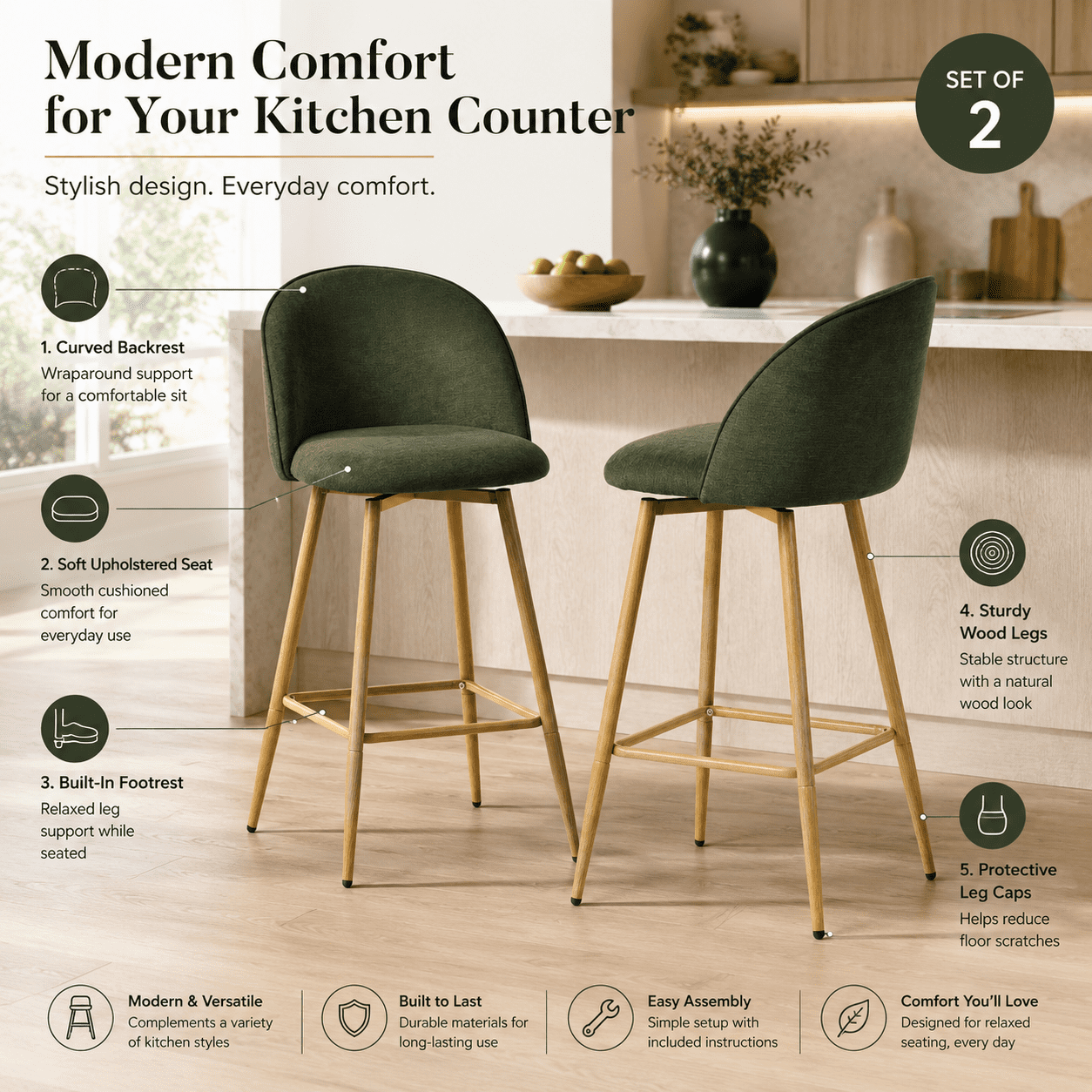 Homy Casa Ensemble de 2 tabourets pivotants 24.4", chaises vertes en tissu pour îlot de cuisine et bar maison