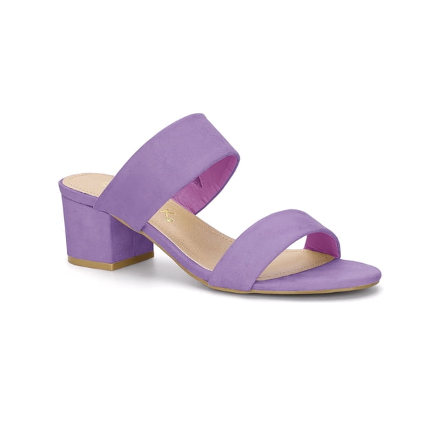 BLISSFUL STEP St. Patrick's Day Women's Shoes Dual Straps Mid Block Heel Slide Sandals in purple, size 9. These open-toe sandals feature a faux suede vamp for a soft feel, a durable rubber outsole for traction, and a stable ABS mid block heel. The slip-on design with dual straps offers a secure and comfortable fit. Ideal for casual summer outings, they pair well with denim shorts or flowy dresses.