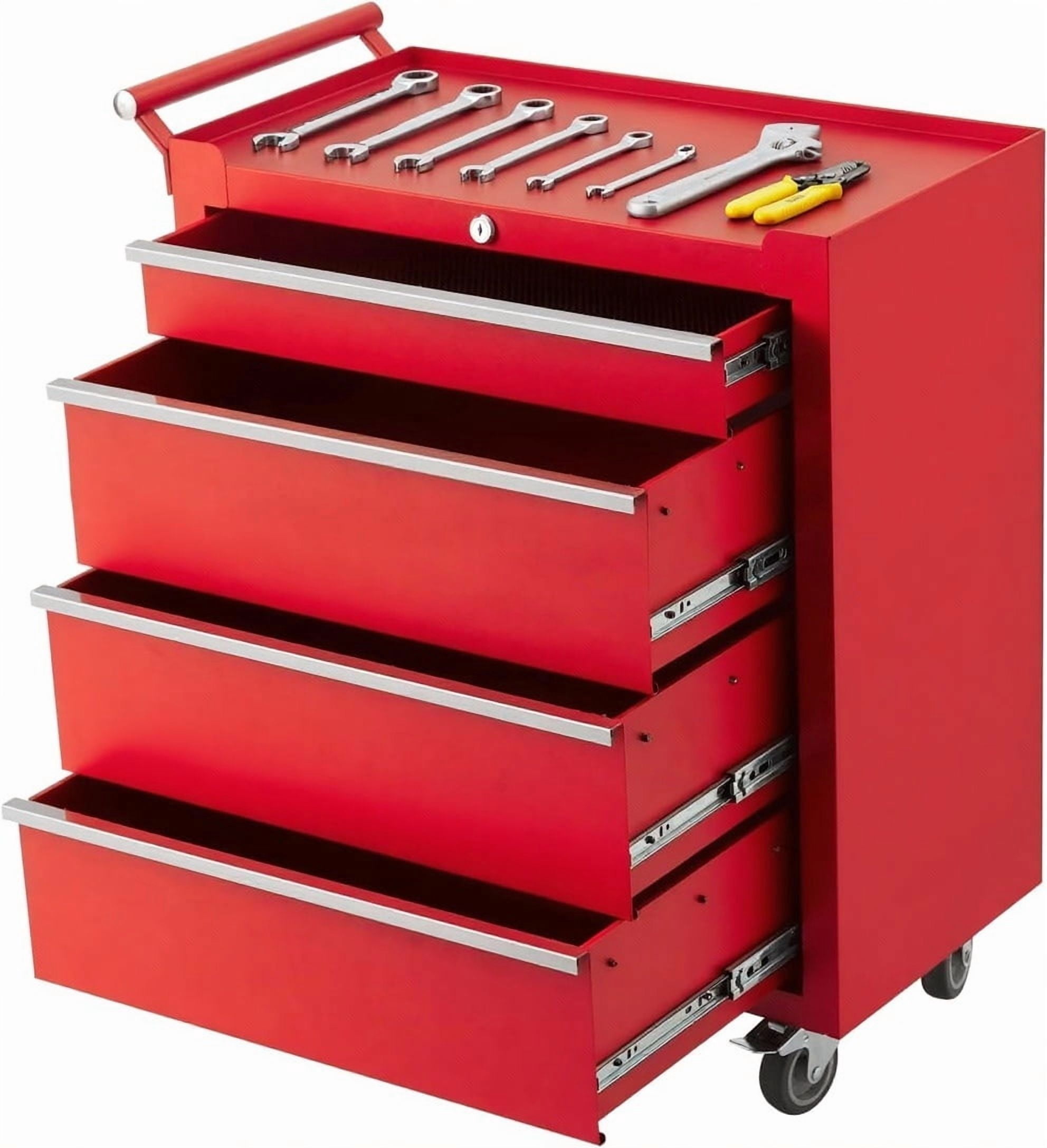 Heavy Duty 24-Inch 4-Drawer Rolling Tool Chest - Lockable Metal Toolbox Cabinet with Wheels, Ball-Bearing Glides, Drawer Liners for Garage, Workshop - Red