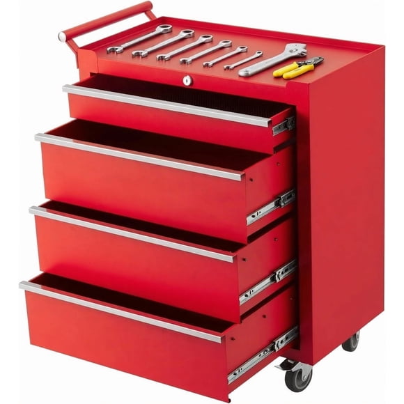 Heavy Duty 24-Inch 4-Drawer Rolling Tool Chest - Lockable Metal Toolbox Cabinet with Wheels, Ball-Bearing Glides, Drawer Liners for Garage, Workshop - Red