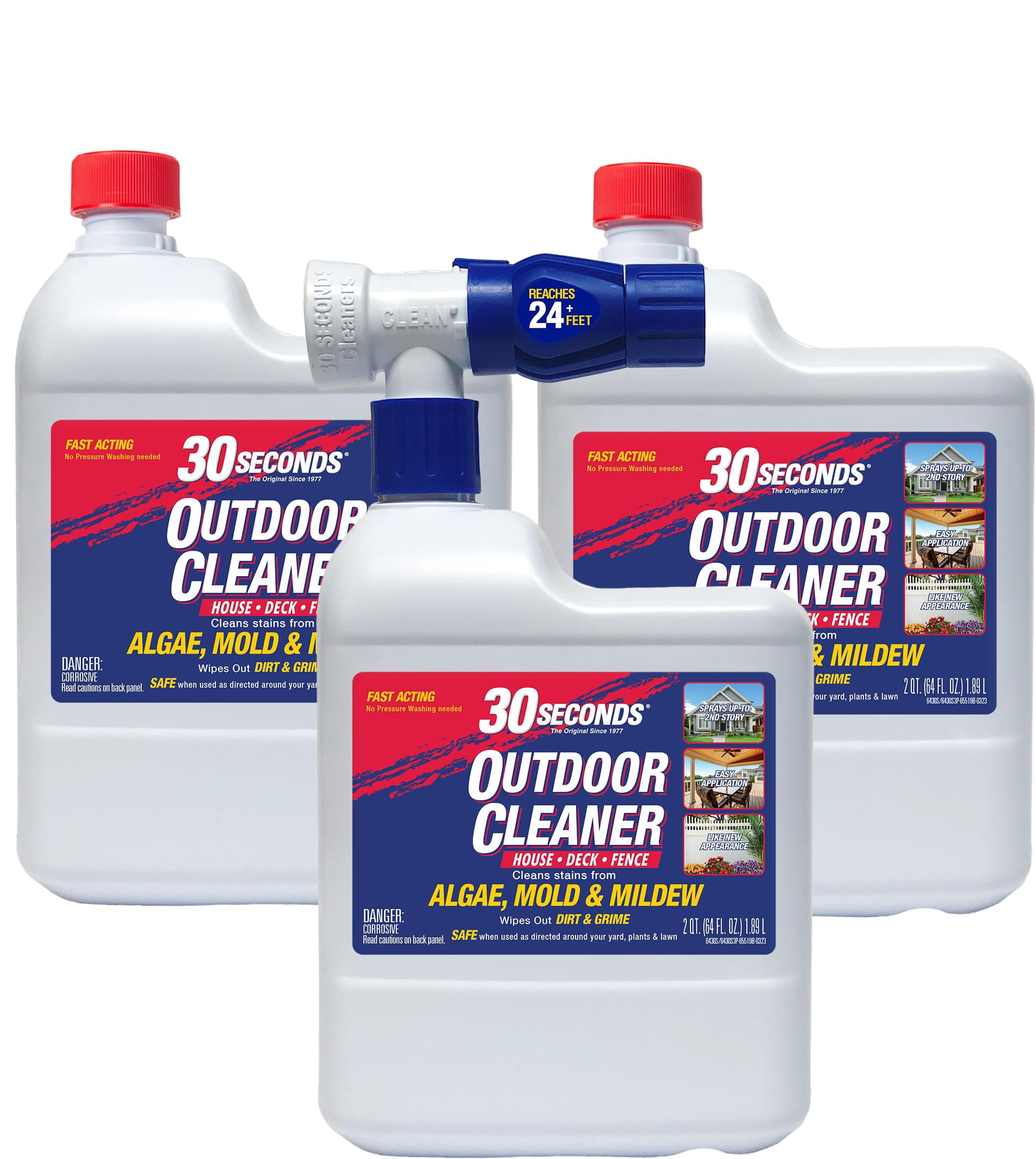 30 Seconds Outdoor Cleaner | Cleans Moss & Algae Stains from House, Vinyl Siding, Deck, Patio, Fence - 2 Capped Bottles, 1 Hose End Spray Attachment (64 Fl Oz (Pack of 3)