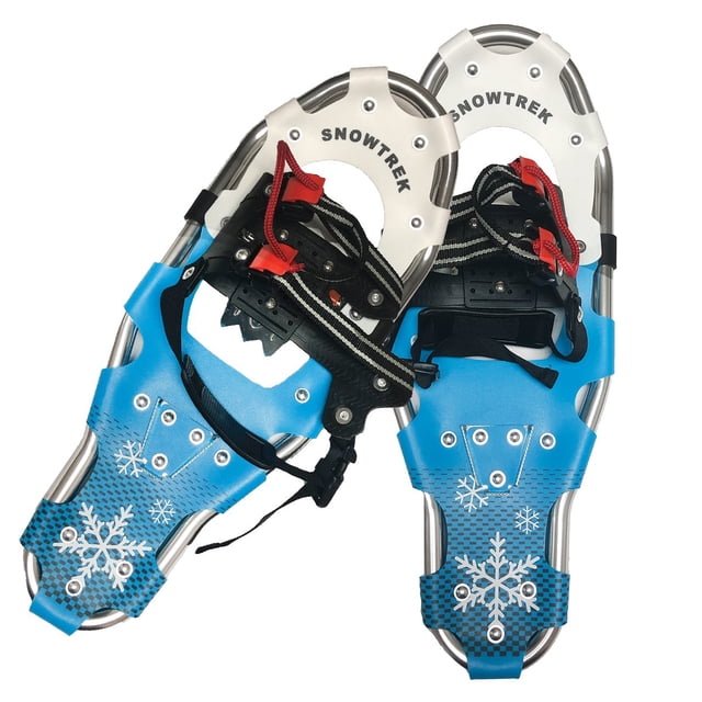 SNOWTREK Raquettes à Neige en Aluminium avec Sac de Transport Conçu pour les Débutants et les Amateurs de sports d'Hiver. Ces Raquettes à Neige Comprennent des Cadres en Aluminium Légers, des Plateaux en Vinyle Durables et un Harnais Ajustable à une traction pour un Ajustement Rapide. Idéales pour les Terrains Plats à Roulants, Elles Incluent des Barres Pivotantes Semi-Rigides pour Réduire la projection de Neige et des crampons en Aluminium avec des Formations en V aux Orteils et au Talon pour l'Adhérence. Les Raquettes à Neige Sont Bleues et Blanches avec des Motifs de